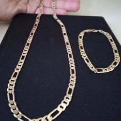Gold 18k Deep Plated Figaro Necklace And Bracelet 