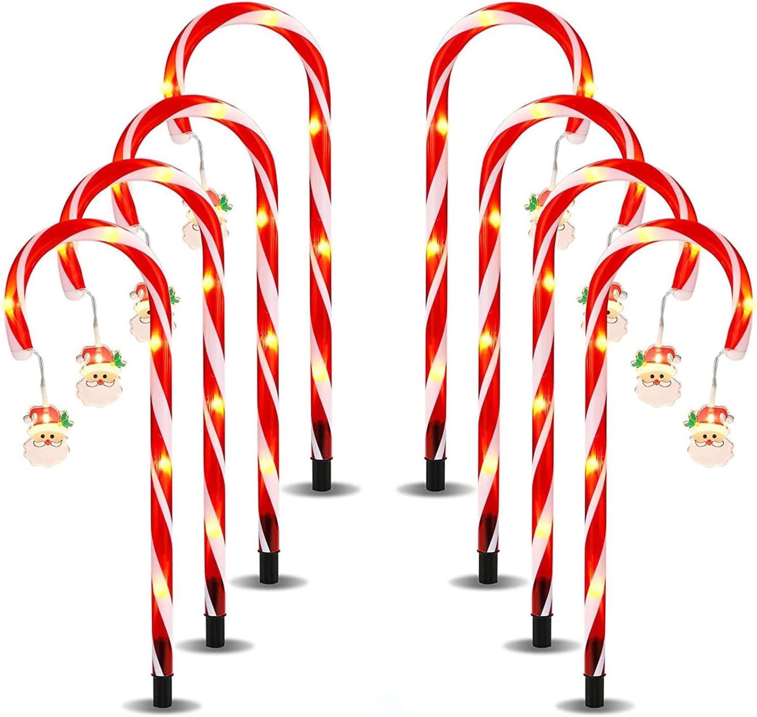 Christmas Candy Cane Solar Light with Cute Santa Claus Star Snowflake, Set of 8 Christmas Outdoor Decorations Pathway Markers for Sidewalk Yard Holida