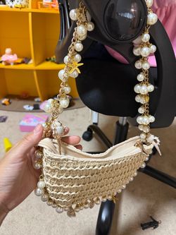 Woven Straw Shoulder Bag with Pearl Chain Strap