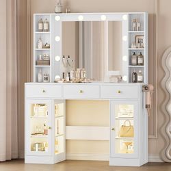 New Makeup Vanity Desk with Mirror and Lights, White Vanity with Glass Top, LED Lights & Power Outlet, 3 Drawers & 2 RGB Glass Cabinets, Adjustable Li
