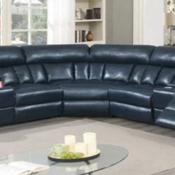 Brand New Navy Blue Leather Reclining Sectional Sofa
