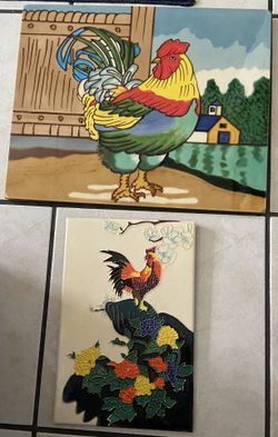 2 Ceramic Tile Rooster Wall Hangings