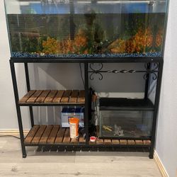 pesera   con 3 pescados  el mueble donde está y la pesera  pequeña para cambiarle el agua