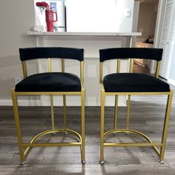 Set of 2 Gold & Black Velvet Counter Stools – Like New