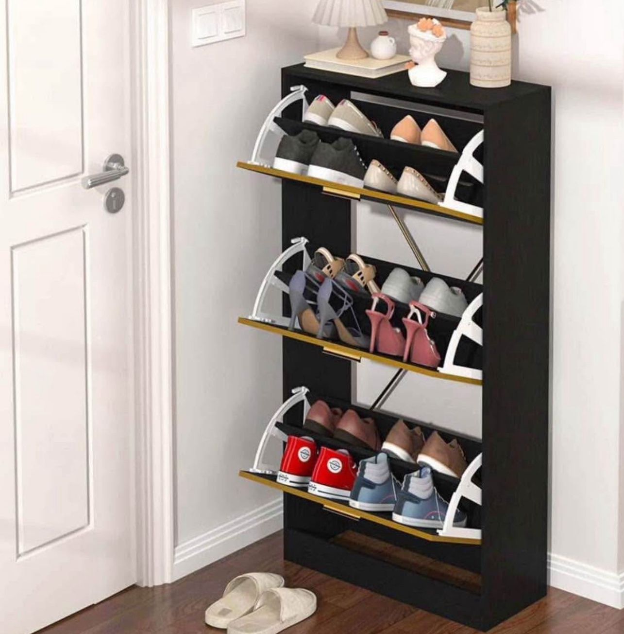 Shoe Cabinet Storage, 3 Tier Freestanding Narrow Hidden Wooden Hallway Shoe Rack with 3 Flip Drawers, Slim Narrow Shoe Organizer C