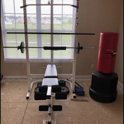 Weight Bench With Pull Down And Squats, 180 Pounds Of Weights And Punching Bag