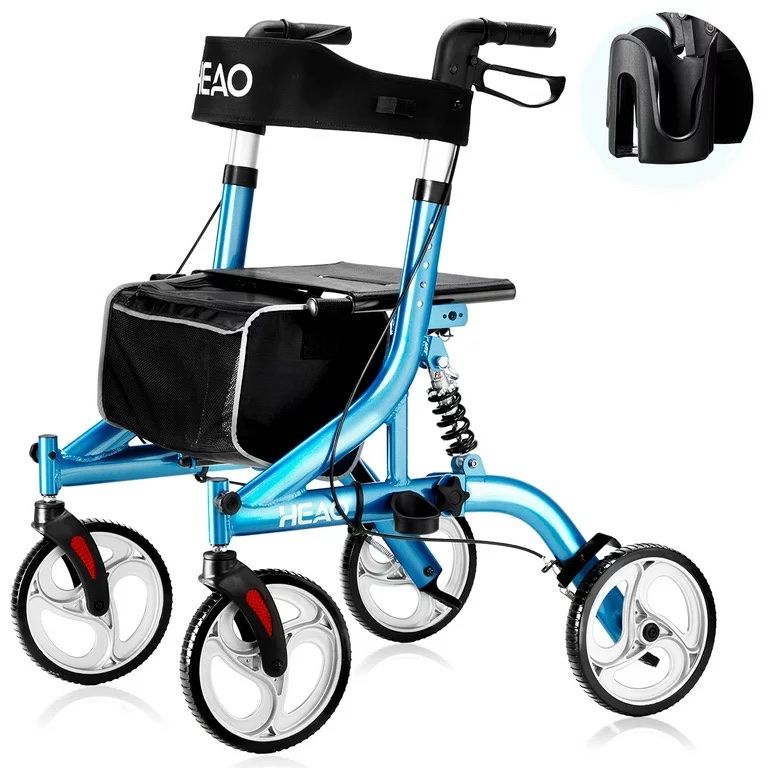 HEAO Blue Lightweight Rollator Walker Seniors Folding Upright Walker,4x10" Wheels Shock Absorber