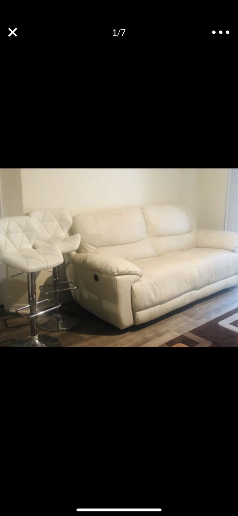 Sofa recliner with barstools & rug