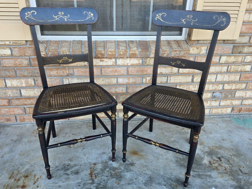 Set of 2 Antique Hitchcock Handpainted Gilt Accent Caned Chairs Made in Italy for Ballard Designs
