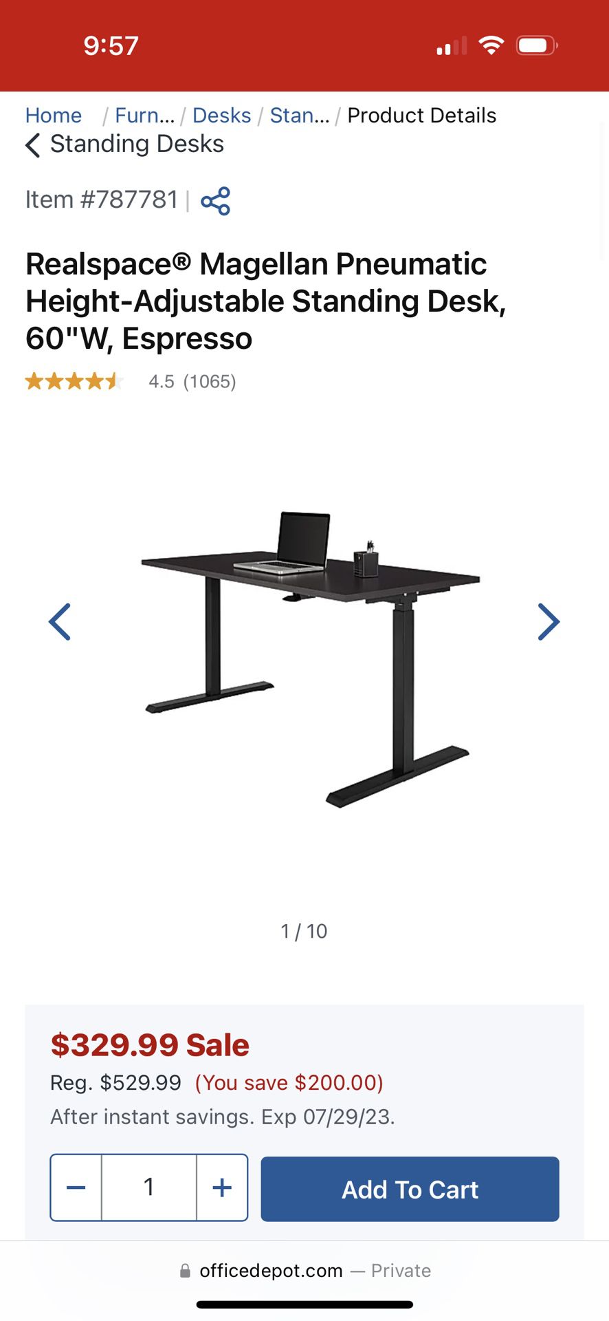 Realspace® Magellan Pneumatic Height-Adjustable Standing Desk