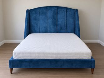 New Lane Deep Blue Velvet Upholstered Wingback Bed Frame