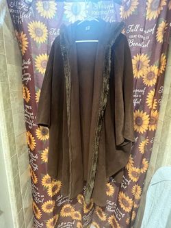 Brown Fleece Open-Front poncho with Faux Fur Trim