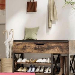 35.4"W Shoe Storage Bench with Cushion, Entryway Bench with Shoe Rack Shoe Organizer, Brown