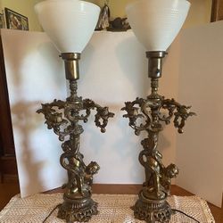 Vintage Cherub Candelabra And Lamp Pair