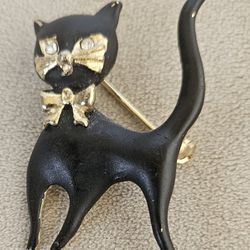 Cat Black Enamel Pin Brooch 2.25" Rhinestone Eyes Gold Bow Vintage Unsigned