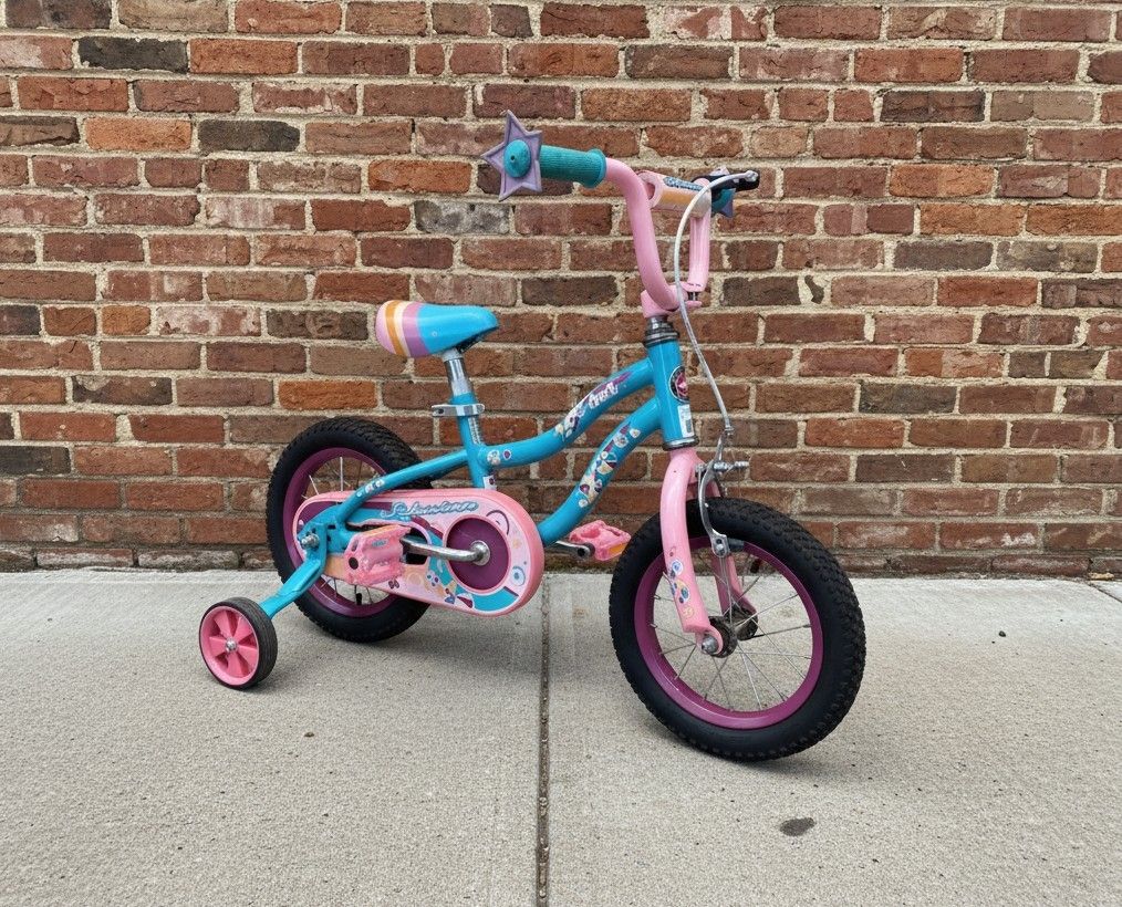 PREOWNED SCHWINN DUET 12 TEAL PINK GIRLS KIDS YOUTH BMX STYLE KIDS BIKE BICYCLE WITH TRAINING WHEELS