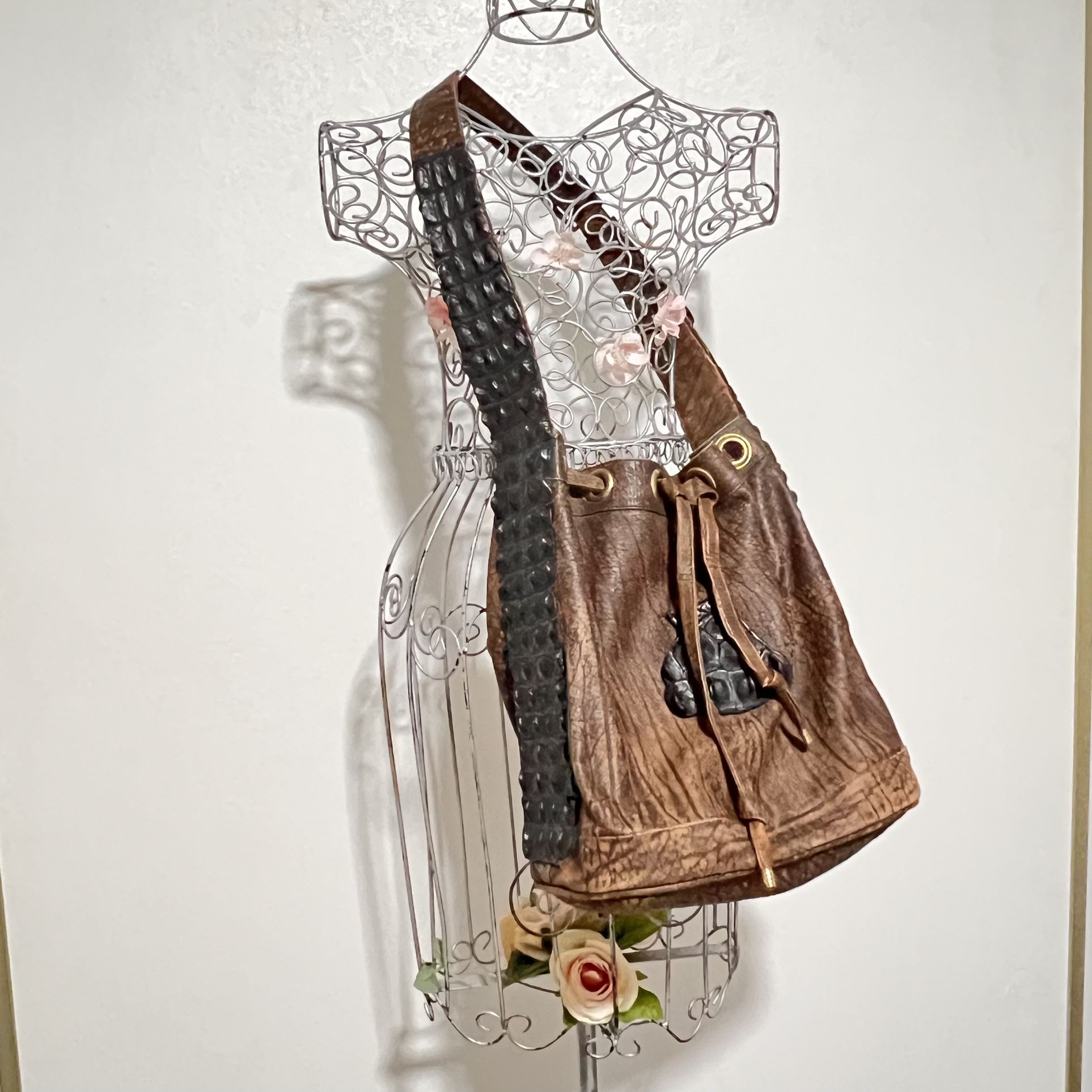 Leather Drawstring Bag - Bucket Bag Brown Genuine Leather