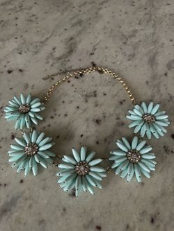 Aqua Blue Floral Statement Necklace – Gold Tone Rhinestone Flowers