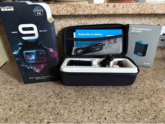 GoPro HERO9 Black camera. Comes with rechargeable battery and case. Includes charging cable and mount. $280
