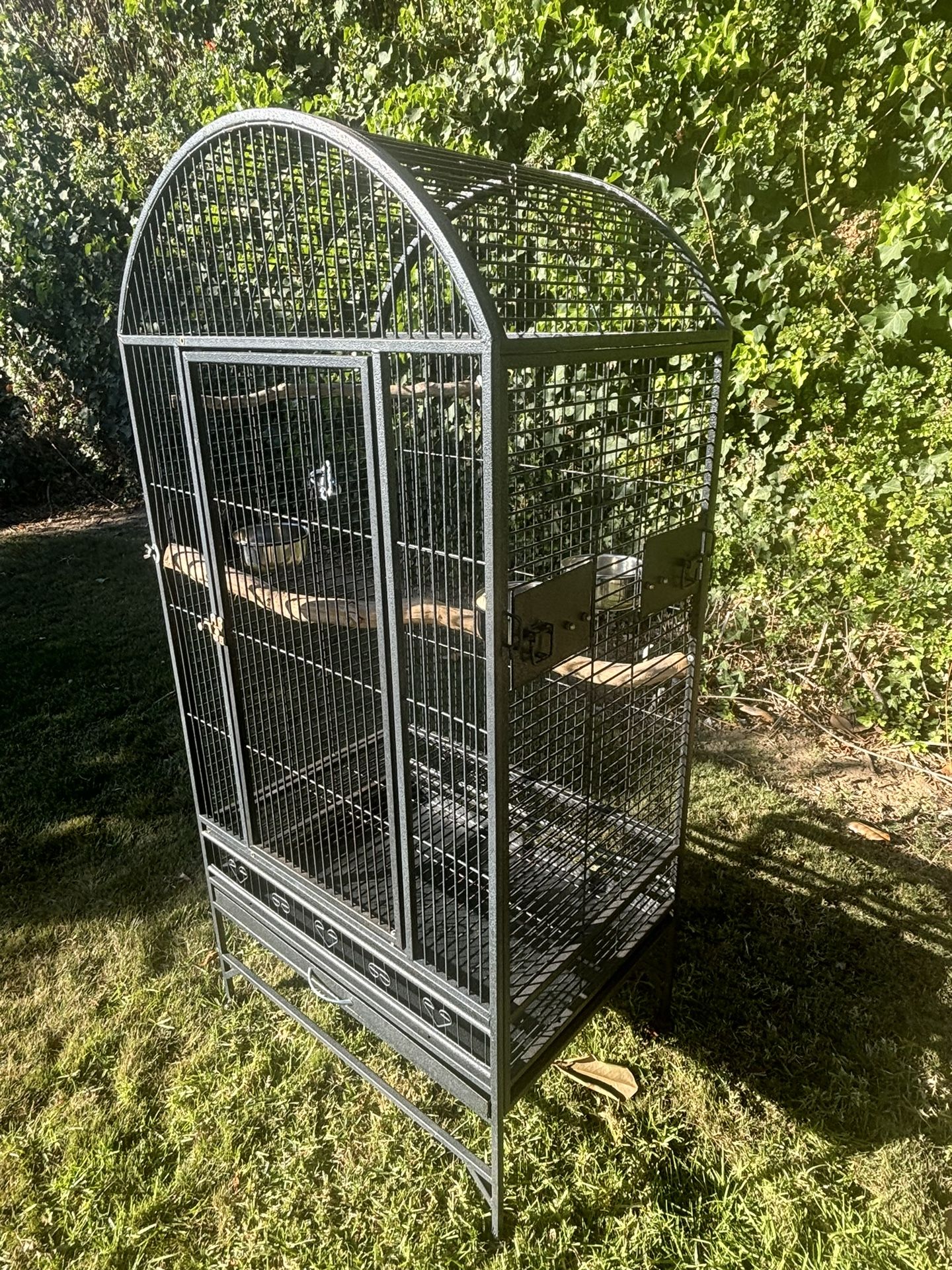Bird Cage With Bowls And Branch