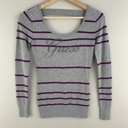 GUESS Vintage Y2K Vibes Grey Purple Glitter Stripe Bling Graphic Fitted Sweater