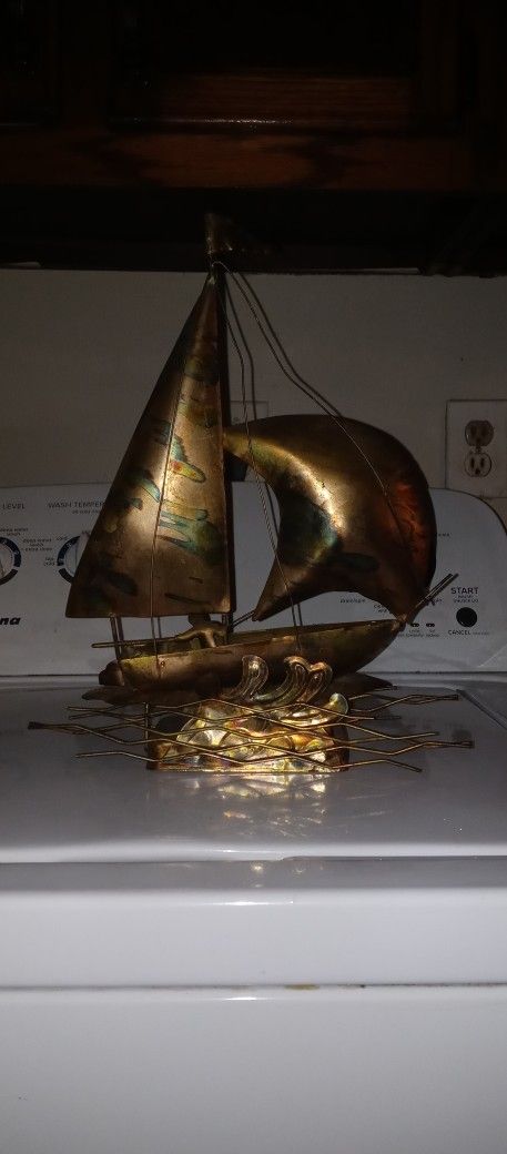 Vintage Copper Brass Musical Moving Sailboat That Plays "Red Sails In The Sunset"