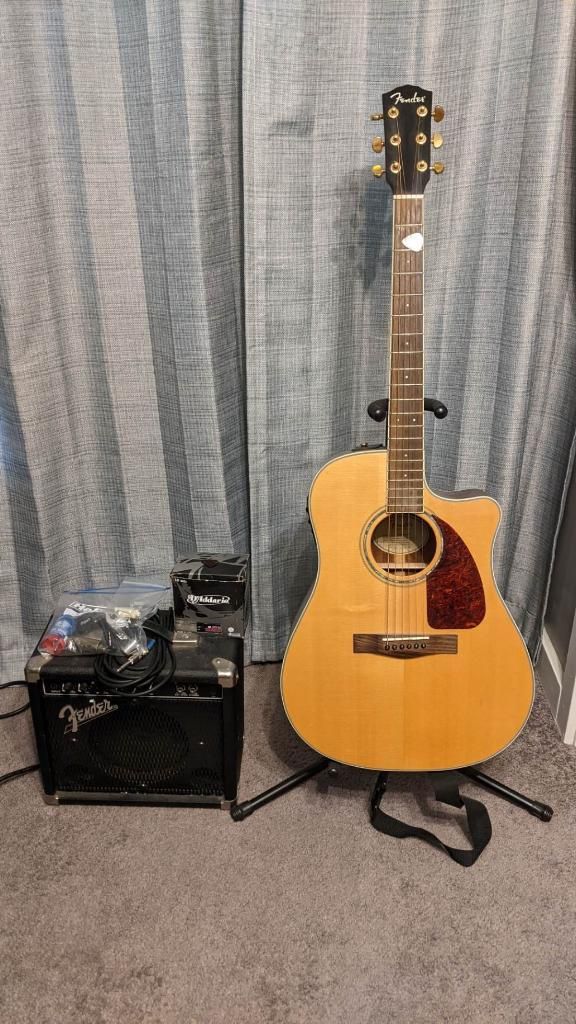 Acoustic Electric Cutaway Guitar with Tuner, Extra Strings, Picks, Bridge Pins and Fender Amp