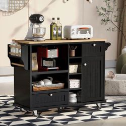 NEW Dark Black Wood 50.8 in. Kitchen Island with Storage Cabinet and 2 Locking Wheels, Solid Wood Desktop