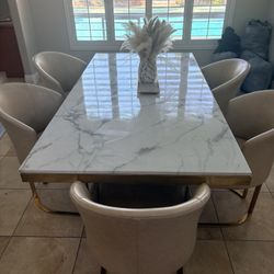 Modern Marble Dining Table Set – Gold Base + 6 Cream Chairs 