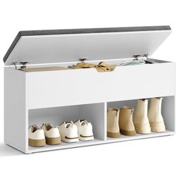 Shoe Bench with Cushion, Storage Bench, Entryway Bench with Storage, Shoe Rack Bench, White and Gray