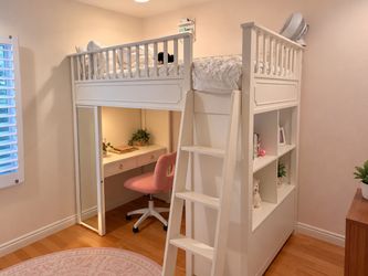 Pottery Barn Girls Loft Bed (Ava Regency Loft Bed) w/ Desk, Storage & Mirror – Beautiful!