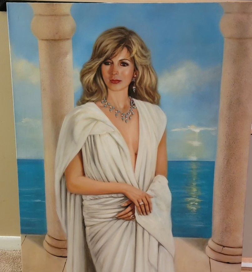 VINTAGE OIL ON CANVAS PAINTING PORTRAIT OF LADY SIGNED BY MARIO DE JESUS MA DELRINCON 37X44"