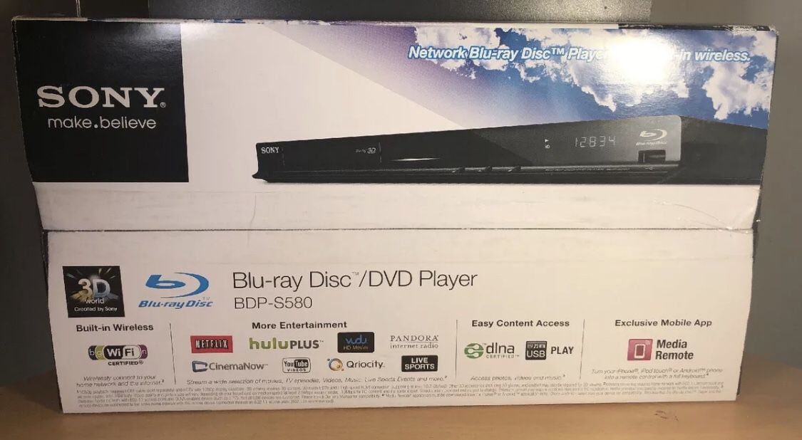 NEW Sony BDP-S580 3D Blu-Ray/DVD Player, Wi-Fi Netflix Streamer With Remote