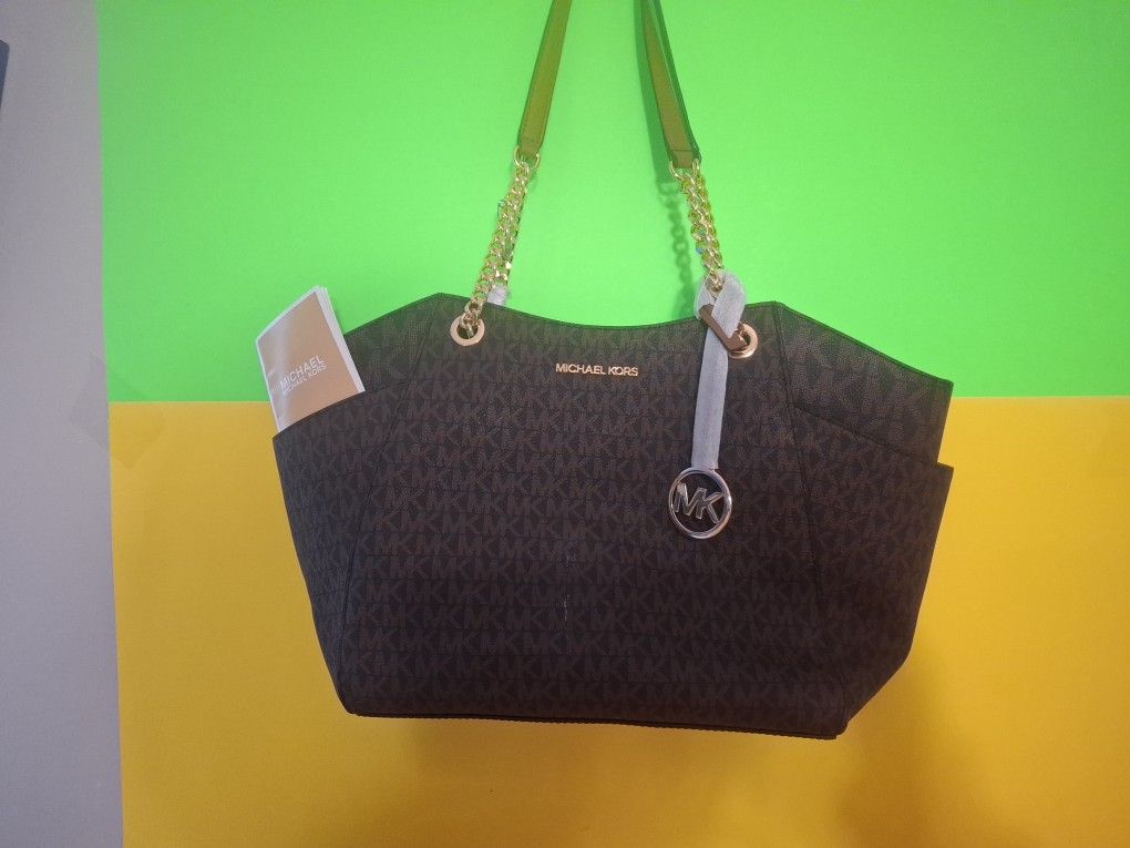 MICHAEL KORS JET SET TRAVEL LARGE SHOULDER CHAIN TOTE BAG MK BROWN