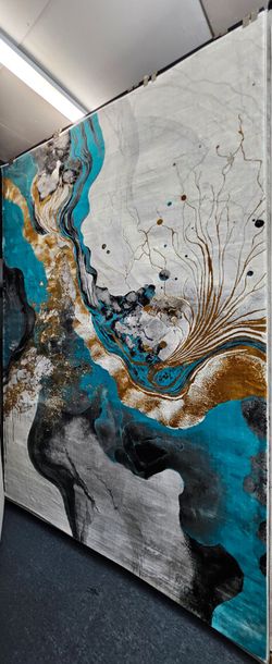 Large Abstract Area Rug Teal Gold Gray