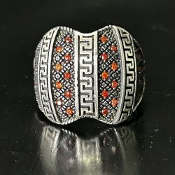 Vintage Ring Size 9.75 Silver 925 Red Ruby Turkish Pattern Large