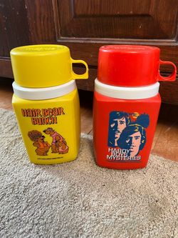 Vintage Hair Bear Bunch and Hardy Boys Plastic Thermoses