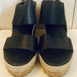 Salvatore Ferragamo 'Maratea' Black Leather Espadrille Wedge Sandal- US size 8.5