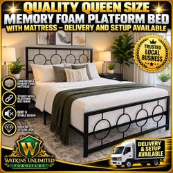 🛏️ BEAUTIFUL QUEEN-SIZE PLATFORM BED + MEMORY FOAM MATTRESS – LIKE NEW! ✨