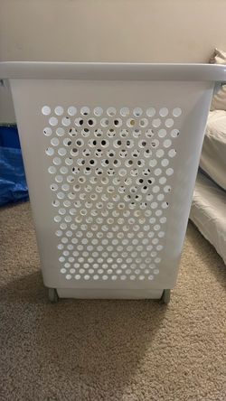 White Plastic Laundry Hamper on Wheels