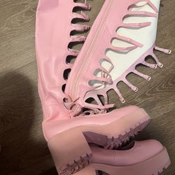 Sugar Thrillz Dollskill Platform Thigh High Pink Bubble Gum Boots