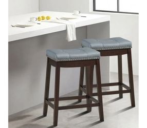 Costway Set of 2 Nailhead Saddle Bar Stools 24" Counter Stools Brown with Grey Cushion Item # HW65275CF 