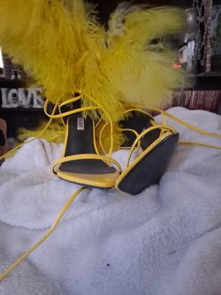 Yellow Feather Lace-Up Heeled Sandals