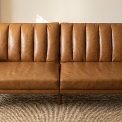 Mid-Century Brittany Futon/ Couch, Camel Faux Leather