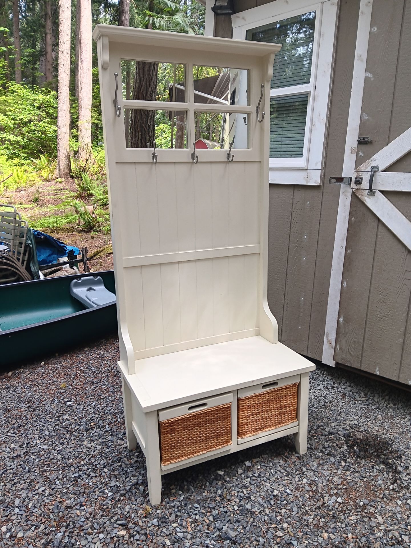 Hall tree bench 6 foot high by 31 ins wide has 4 mirrors and 2 drawers below and pad and hanger hooks