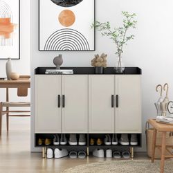 Modern 4-Door Shoe Cabinet with Adjustable Shelves, Slim Black Entryway Organizer
