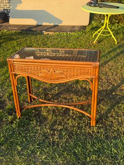 Vintage Tropical Rattan & Wicker Console Table w/ Glass Top