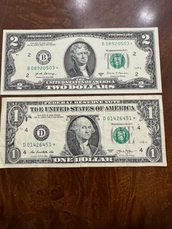 Star Note $2 and $1 US Bills Set
