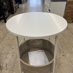 VASAGLE Small Round Side End Table Modern Nightstand w/ Fabric Basket - Matte White / Brown