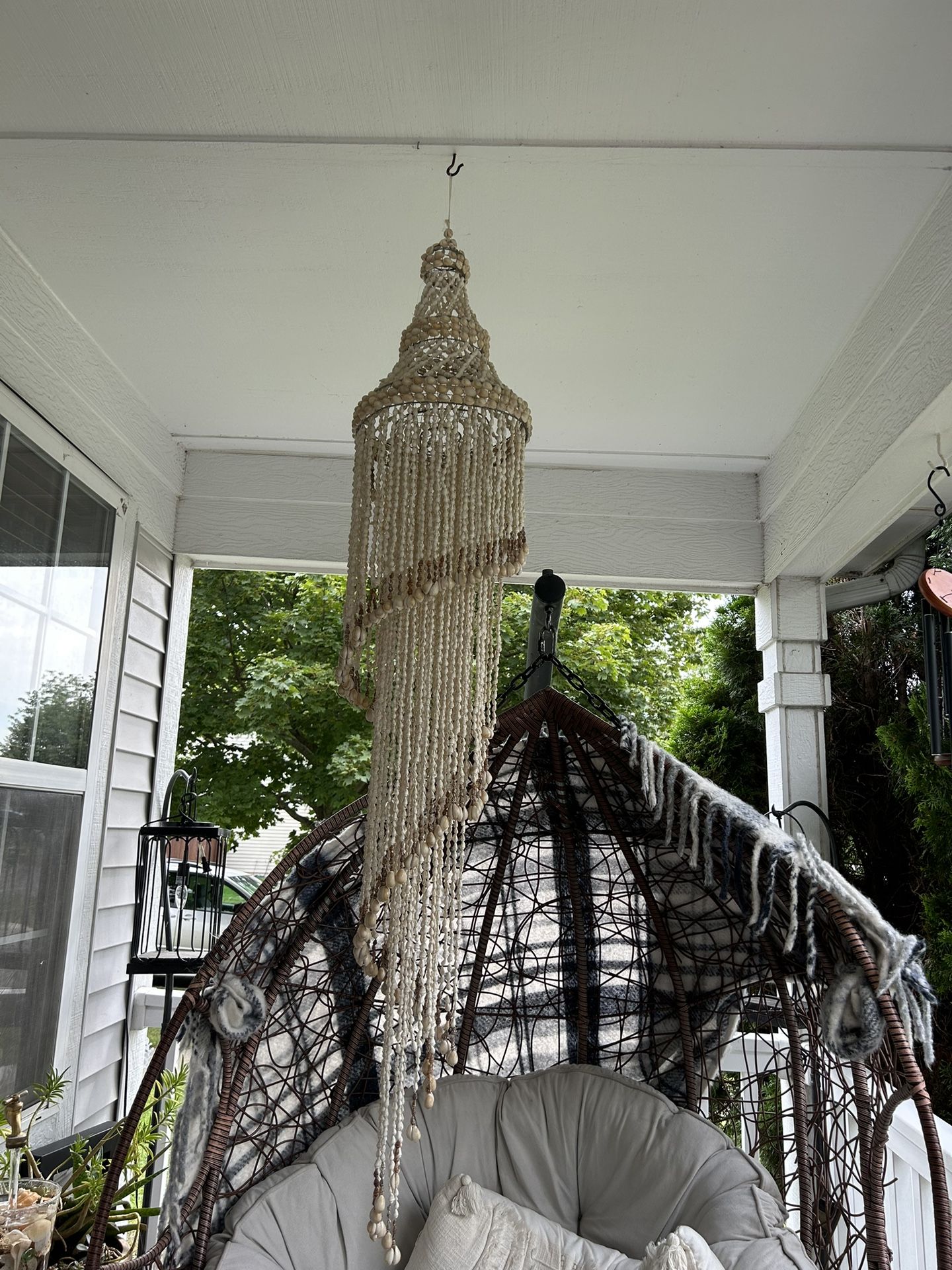 SPIRAL DARK TIP SHELL CHANDELIER Vintage Boho Swirl Tube White Bubble Seashell Wind Chime Chandelier- LARGE